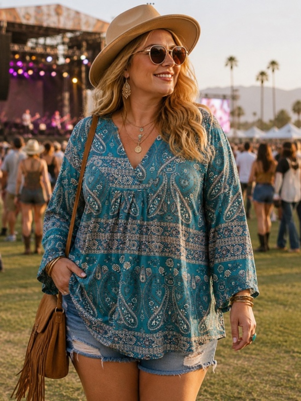 Plus size BoHo printed baby doll long teal blue top in size XXLg